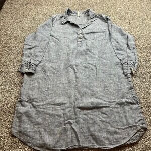 nuthatch Linen Tunic Shirt Dress Blue Button Up Collared Long Sleeve Size L